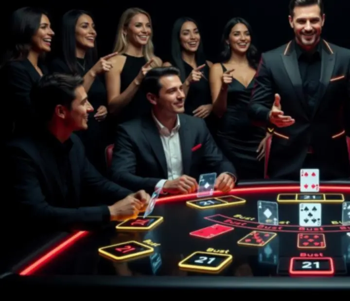 Blackjack asztal játékmesterrel és vendégekkel futurisztikus neon fényben.