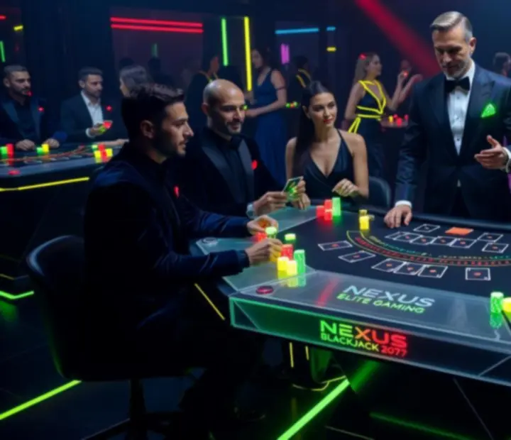 Futurisztikus, neonfényes blackjack asztal vendégekkel.
