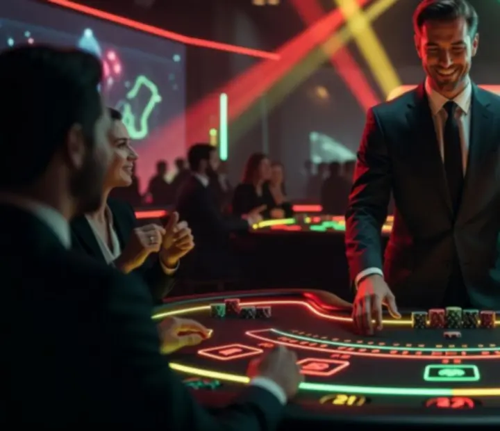 Profi blackjack host vezeti a műsort vendégekkel egy neonfényes esten.