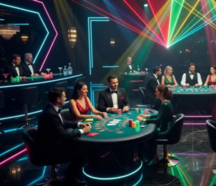 Neonfényes blackjack hangulat vibráló lézerekkel és vendégekkel.