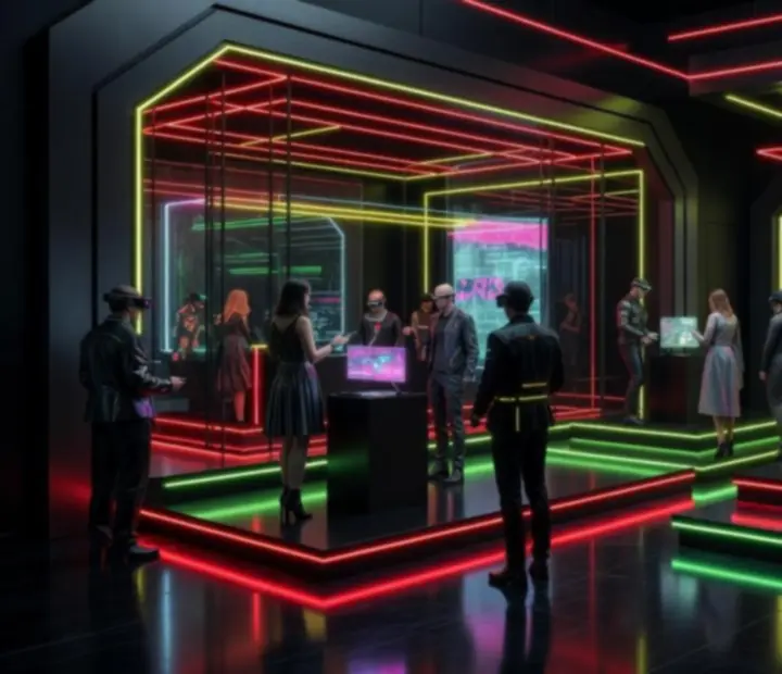 Sötét, neonfényes, cyber-stílusú rendezvény helyszín futurisztikus világítással.