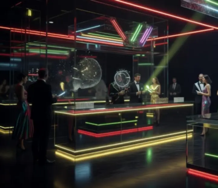 Neon fényekkel, installációkkal és sűrű füsttel megvilágított futurisztikus rendezvénytér.