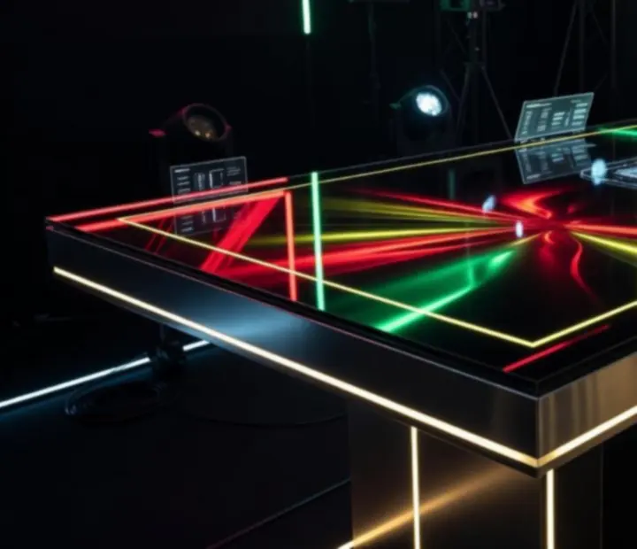 Neon fényekkel és modern technikával megvilágított rendezvényhelyszín