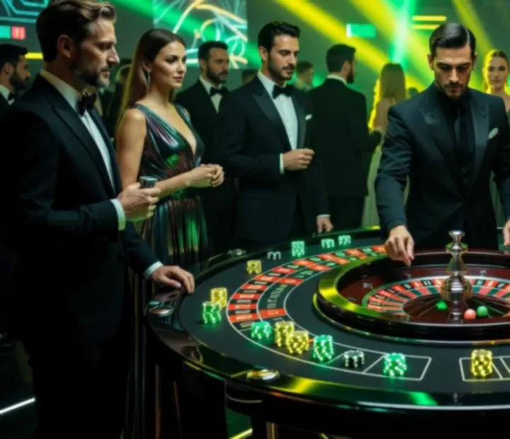Rulettasztal körül álló vendégek neon vörös és zöld fényekben.